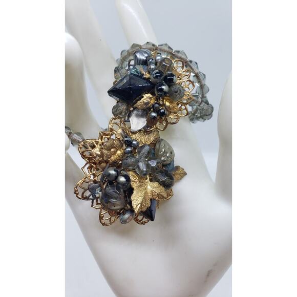 Vintage Bracelet Wrap Around Glass Bead Rhinestone Filigree Haskell Style 1950s - Picture 1 of 12